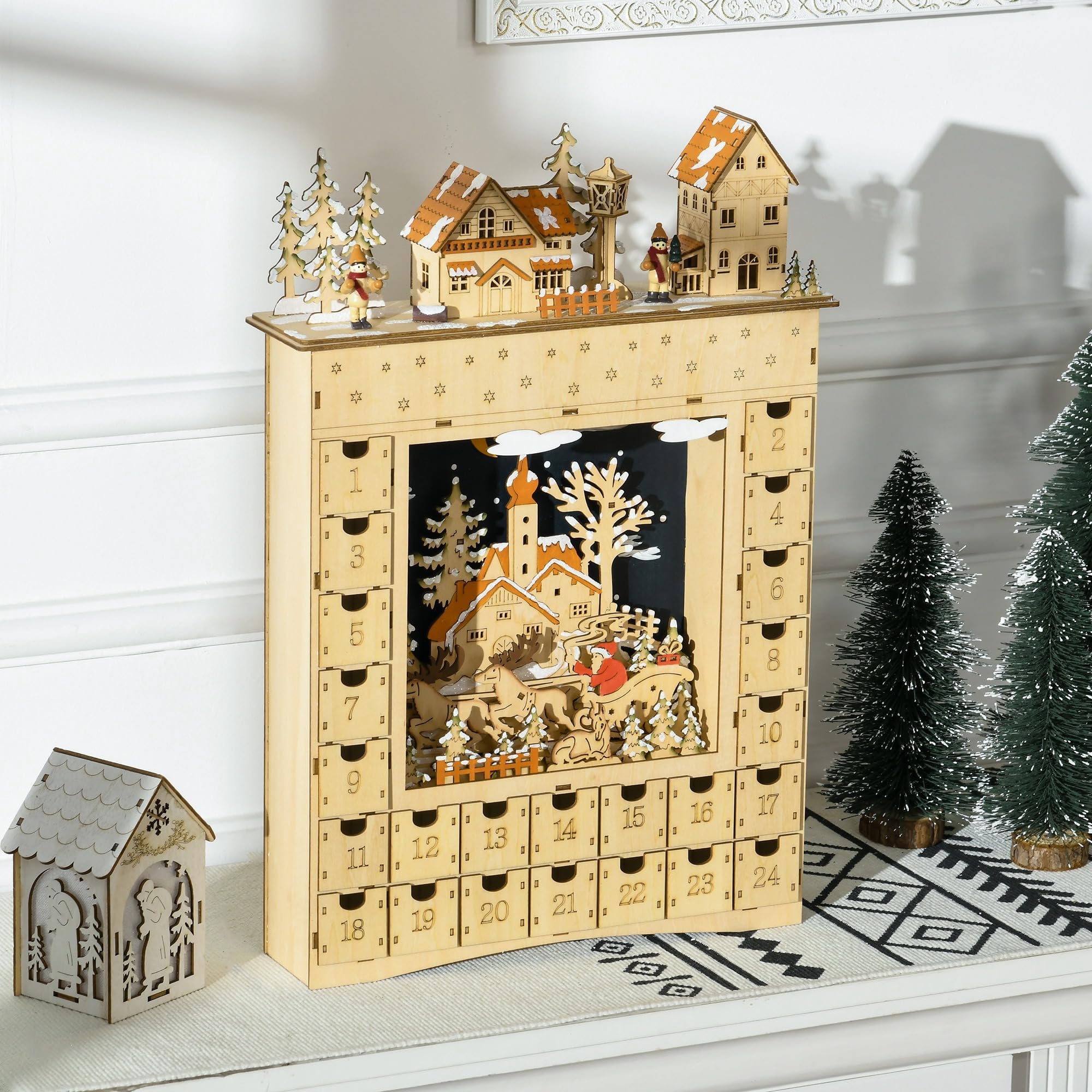 HOMCOM Christmas Advent Calendar, Light Up Wooden Holiday Decoration with 24 Countdown Drawers and LED Lights for Kids and Adult